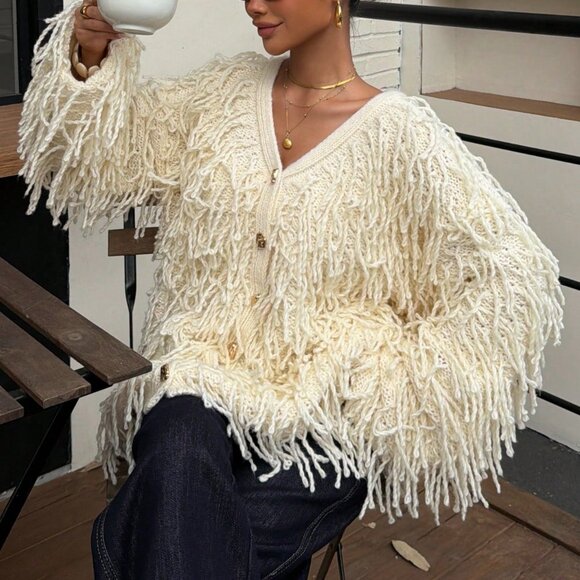 Sweaters - Beige Casual Women's V-Neck Metal Button Cardigan